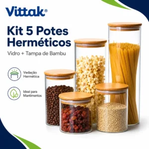 Kit 5 Potes De Vidro Herméticos Com Tampa De Bambu