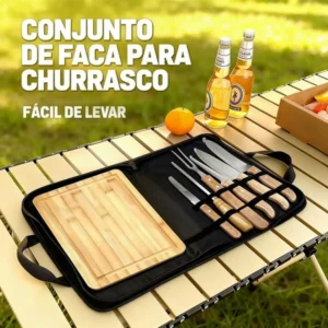 Kit Churrasco 8 Peças | Facas Inox Cabo Bambu